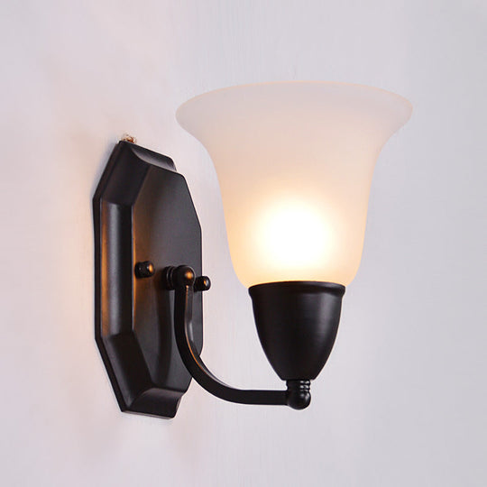 Country Style Frosted Glass Flared Wall Lamp in Black: Single Corridor Wall Light