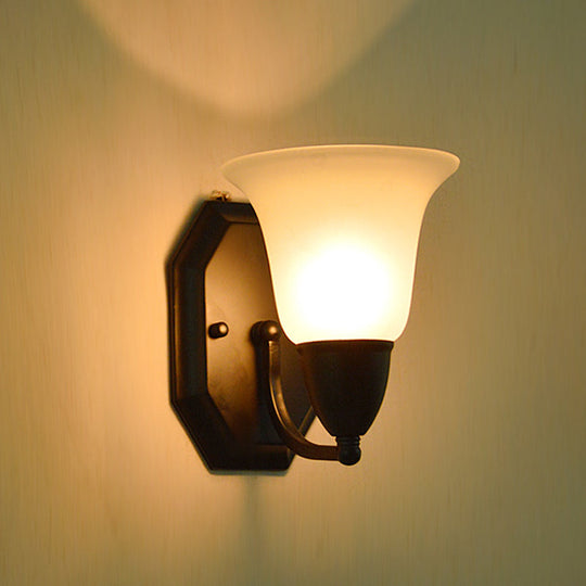 Country Style Frosted Glass Flared Wall Lamp in Black: Single Corridor Wall Light