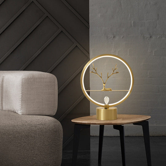 Minimalist Brass Halo Ring Table Light with LED, Metal Night Light featuring Deer Decoration