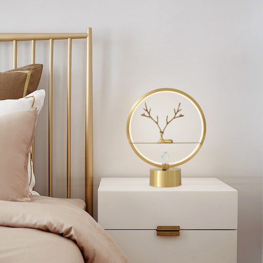 Minimalist Brass Halo Ring Table Light with LED, Metal Night Light featuring Deer Decoration