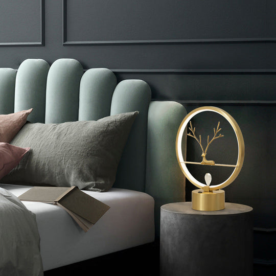 Minimalist Brass Halo Ring Table Light with LED, Metal Night Light featuring Deer Decoration