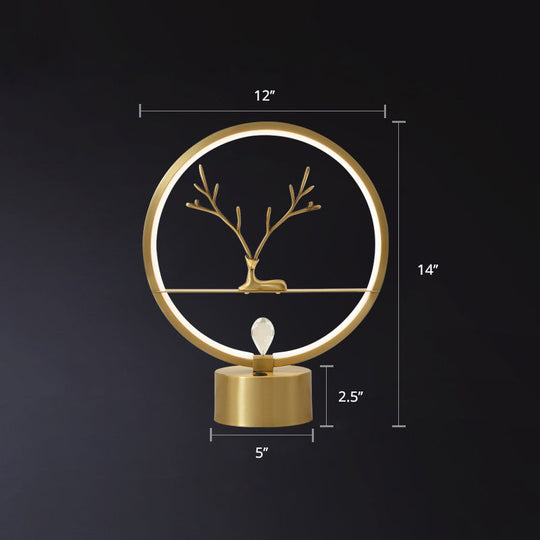 Minimalist Brass Halo Ring Table Light with LED, Metal Night Light featuring Deer Decoration