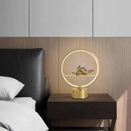 Loop LED Table Light: Artistic Metal Brass Night Lamp with Carved Mountain Decor