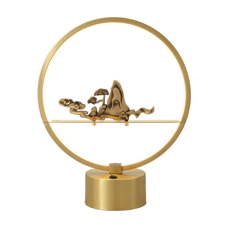 Loop LED Table Light: Artistic Metal Brass Night Lamp with Carved Mountain Decor