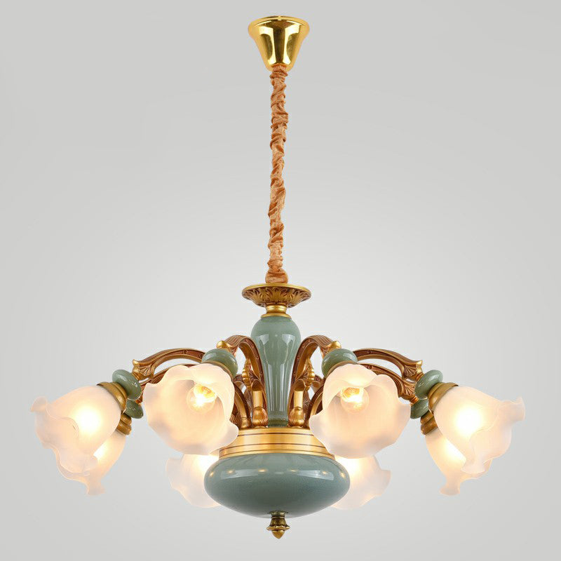 Vintage Flower Opal Frosted Glass Chandelier: Brown-Blue Hanging Light for Living Room