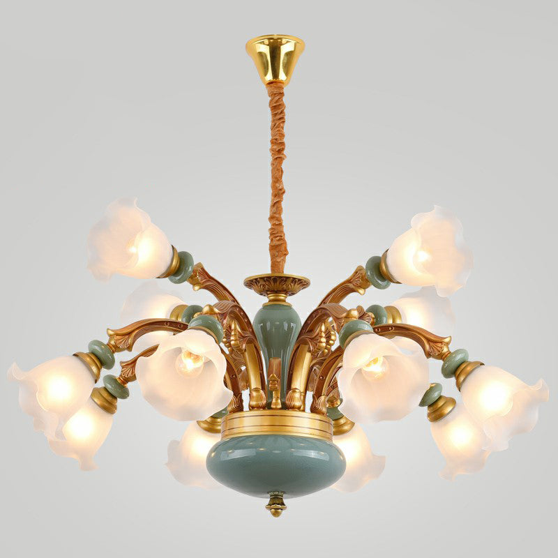 Vintage Flower Opal Frosted Glass Chandelier: Brown-Blue Hanging Light for Living Room