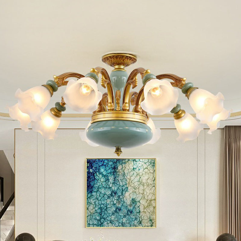 Vintage Flower Opal Frosted Glass Chandelier: Brown-Blue Hanging Light for Living Room