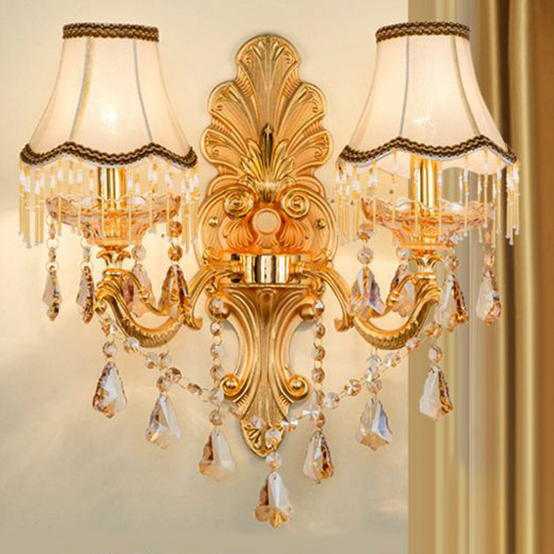 Victorian Metal Wall Sconce with Candlelight, Shade, and Crystal Décor