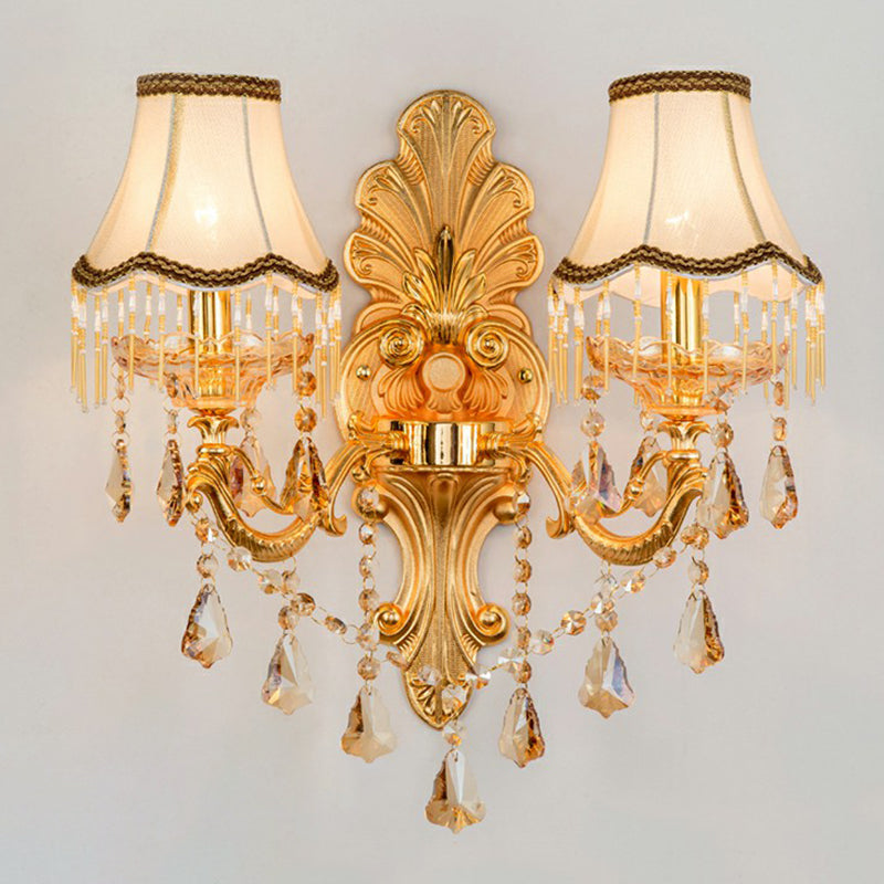 Victorian Metal Wall Sconce with Candlelight, Shade, and Crystal Décor