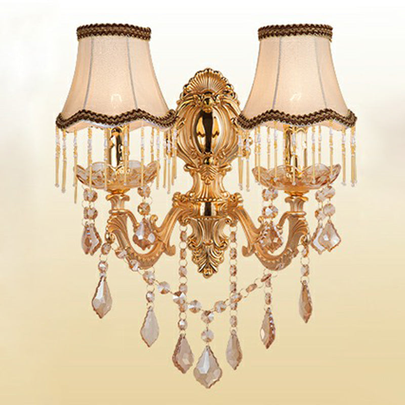 Victorian Metal Wall Sconce with Candlelight, Shade, and Crystal Décor