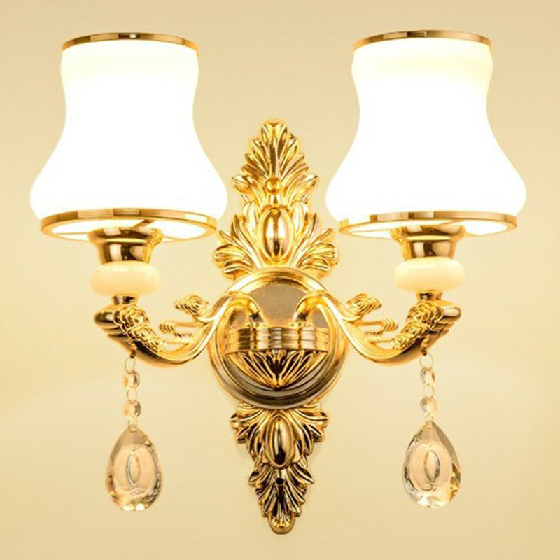 Victorian Metal Wall Sconce with Candlelight, Shade, and Crystal Décor