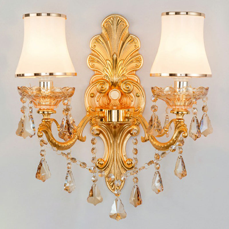 Victorian Metal Wall Sconce with Candlelight, Shade, and Crystal Décor