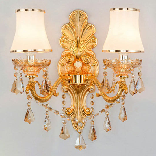Victorian Metal Wall Sconce with Candlelight, Shade, and Crystal Décor