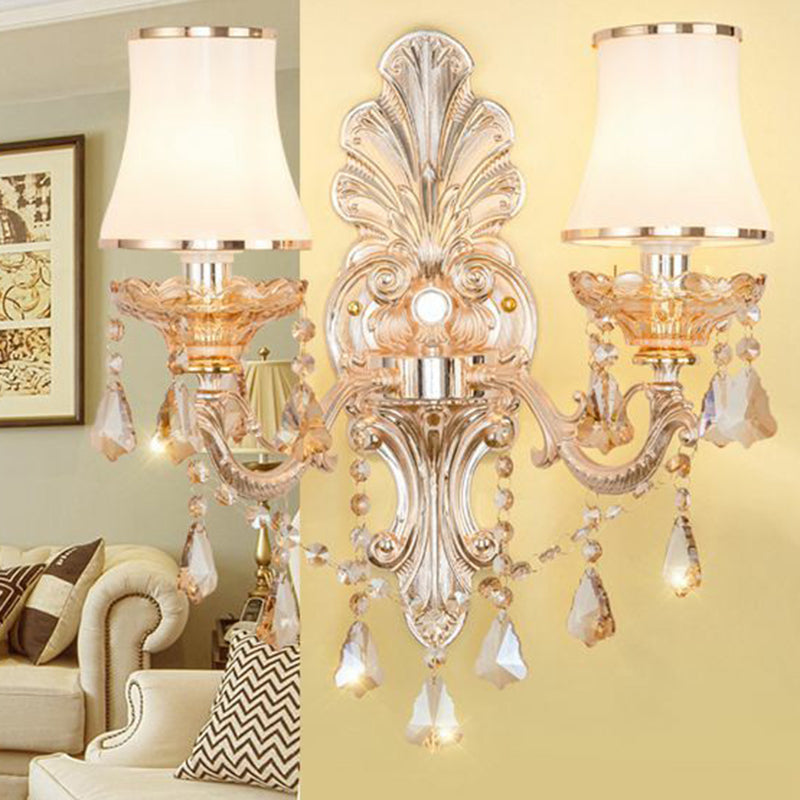 Victorian Metal Wall Sconce with Candlelight, Shade, and Crystal Décor