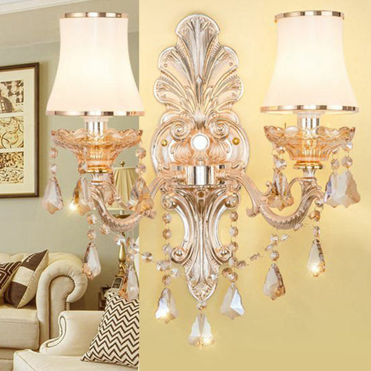 Victorian Metal Wall Sconce with Candlelight, Shade, and Crystal Décor