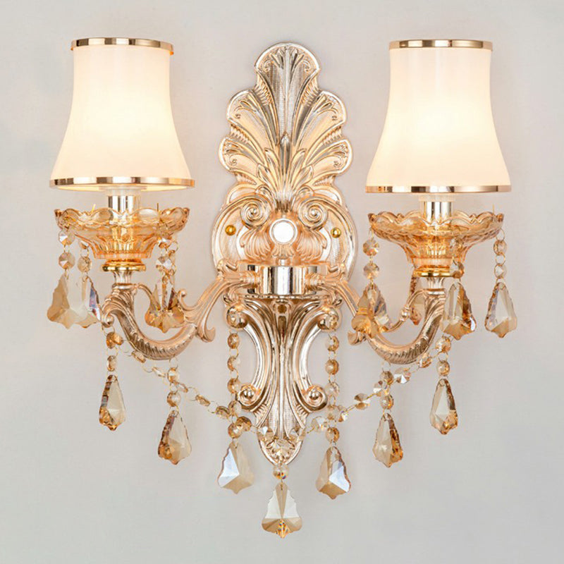 Victorian Metal Wall Sconce with Candlelight, Shade, and Crystal Décor