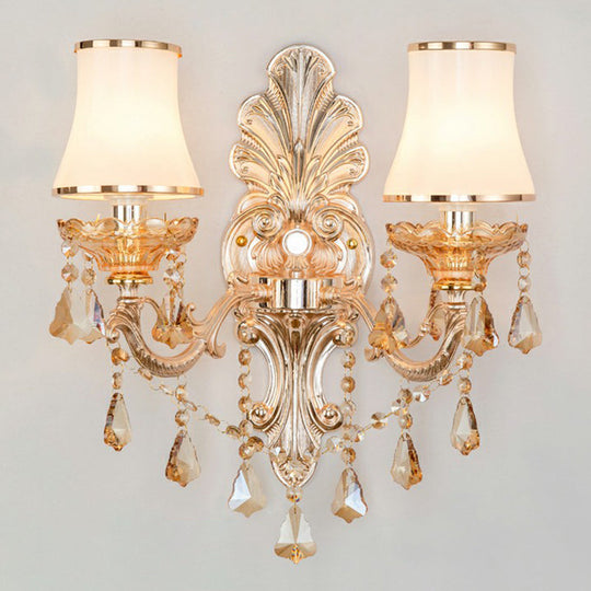 Victorian Metal Wall Sconce with Candlelight, Shade, and Crystal Décor
