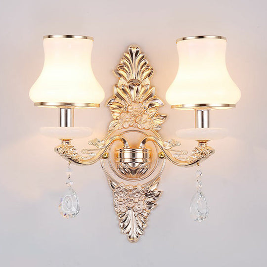 Victorian Metal Wall Sconce with Candlelight, Shade, and Crystal Décor