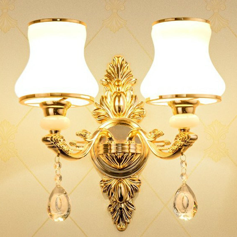 Victorian Metal Wall Sconce with Candlelight, Shade, and Crystal Décor