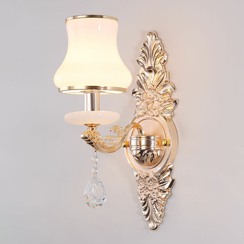 Victorian Metal Wall Sconce with Candlelight, Shade, and Crystal Décor