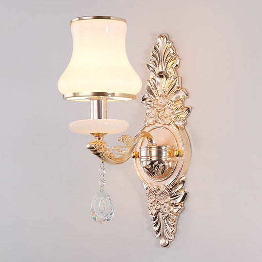 Victorian Metal Wall Sconce with Candlelight, Shade, and Crystal Décor