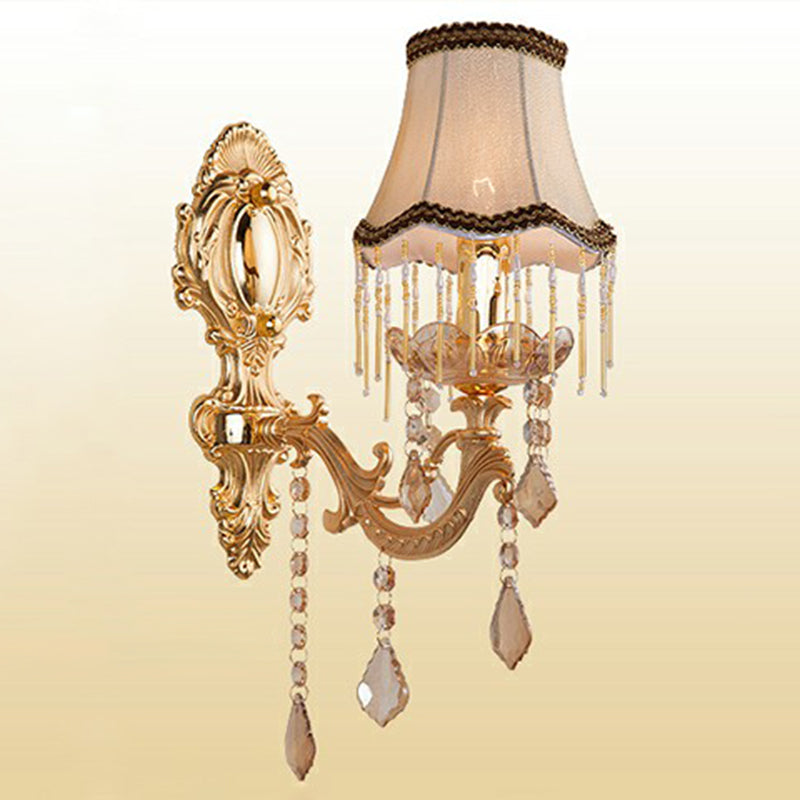 Victorian Metal Wall Sconce with Candlelight, Shade, and Crystal Décor