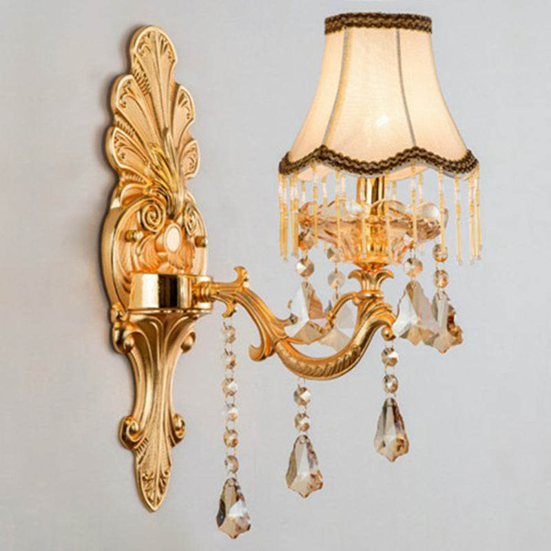 Victorian Metal Wall Sconce with Candlelight, Shade, and Crystal Décor