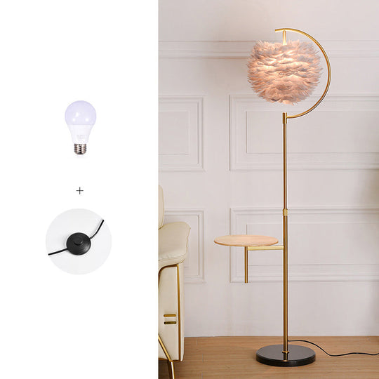 Nordic Feather Ball Shade Floor Lamp with Adjustable Height and Wooden Tray