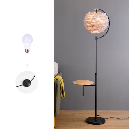 Nordic Feather Ball Shade Floor Lamp with Adjustable Height and Wooden Tray