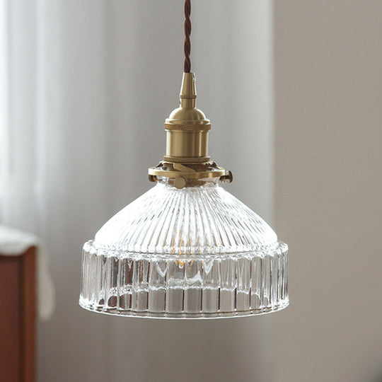 Minimalist Barn Shaped Glass Pendant Light with Clear Ribbed Design - Brass Suspension (1 Head)