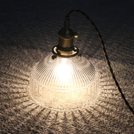 Minimalist Barn Shaped Glass Pendant Light with Clear Ribbed Design - Brass Suspension (1 Head)