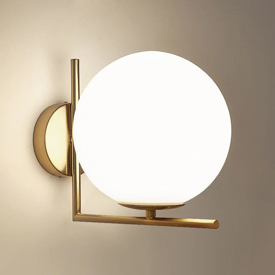 Opaline Glass Ball Wall Lamp with Right Angle Arm in Brass - Minimalist & Elegant