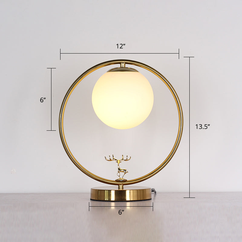 Simple Style Ivory Glass Ball Table Light with Gold Night Lamp and Deer Deco