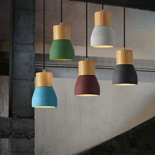 Nordic Mini Pendant Light with Cement Shade and Wood Top - Single-Bulb Ceiling Fixture for Restaurants
