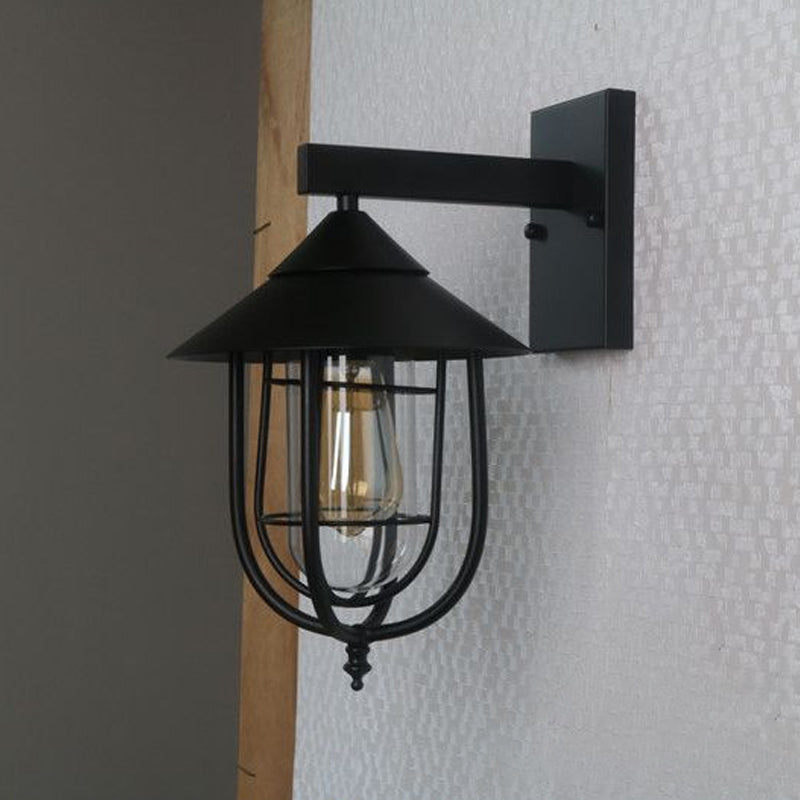 Rustic Black Wall Mounted Wall Light with Single Metal Cage, Half-Capsule Aisle Lamp