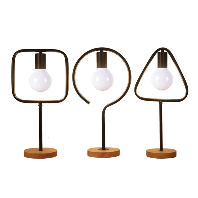 Geometric Frame Metal Table Lamp with Round Wooden Base - Stylish Industrial Bedside Night Light