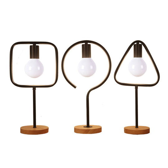 Geometric Frame Metal Table Lamp with Round Wooden Base - Stylish Industrial Bedside Night Light