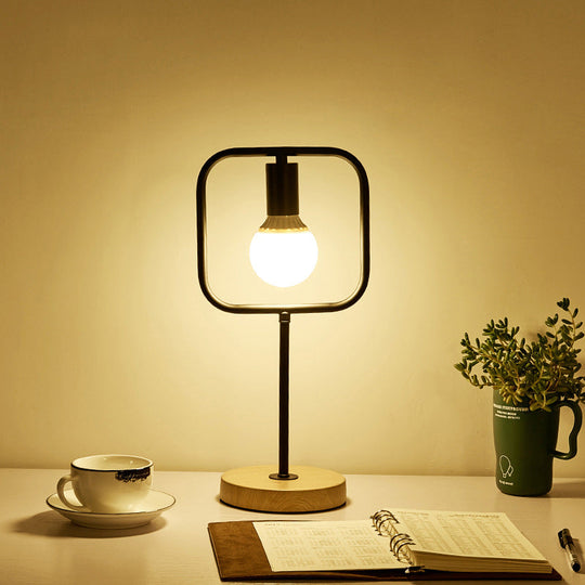 Geometric Frame Metal Table Lamp with Round Wooden Base - Stylish Industrial Bedside Night Light