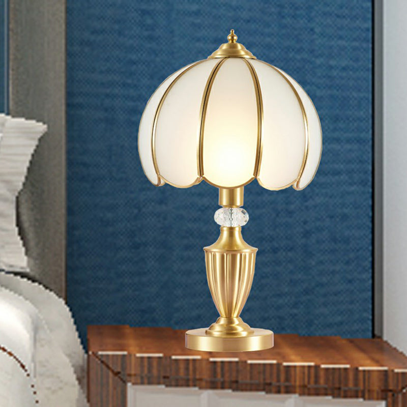 Vintage White Glass Table Lamp with Scalloped Edge - Elegant Bedside Night Light
