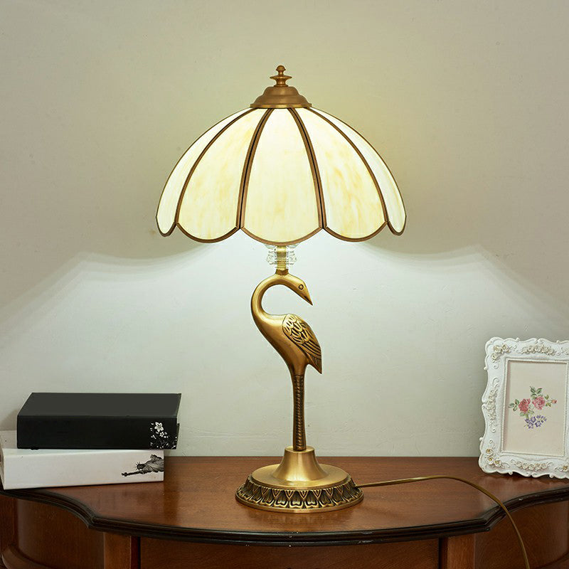 Opal Glass Umbrella Shaped Brass Table Lamp with Retro Halcyon Deco