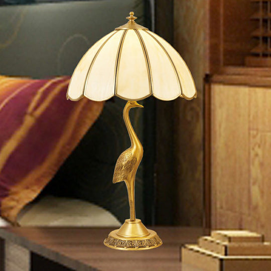 Opal Glass Umbrella Shaped Brass Table Lamp with Retro Halcyon Deco