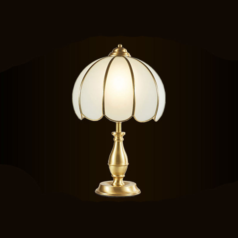 Traditional Brass Bedside Table Lamp with Dome White Glass Shade