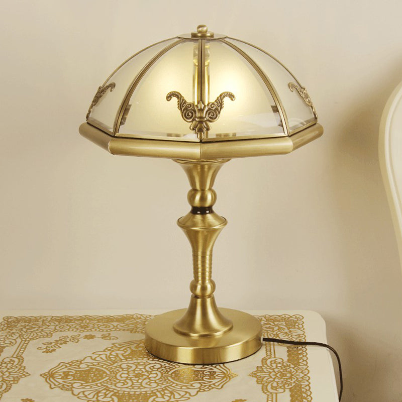 Colonial Style Brass Cap Shaped Frosted Glass Table Lamp with 3 Bulbs - Perfect for Bedroom Night Light