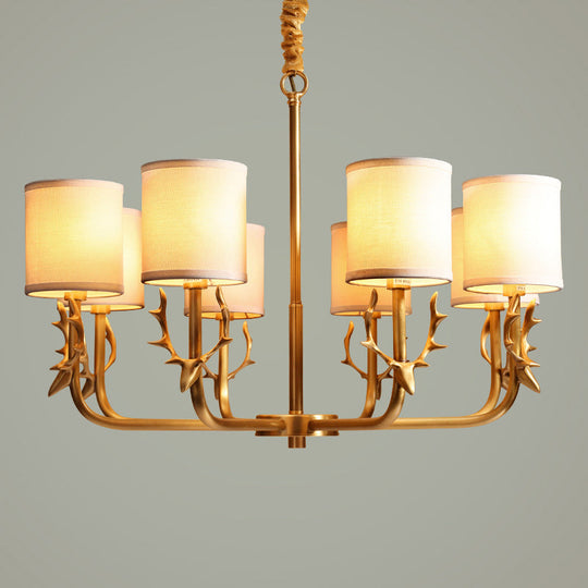 Nordic Cylindrical Chandelier with Antler Accents – Gold Fabric Shade Pendant Light