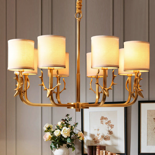 Nordic Cylindrical Chandelier with Antler Accents – Gold Fabric Shade Pendant Light
