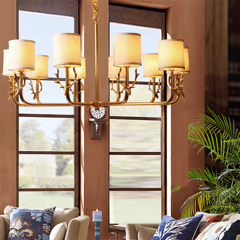 Nordic Cylindrical Chandelier with Antler Accents – Gold Fabric Shade Pendant Light