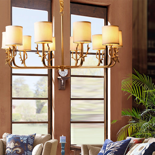 Nordic Cylindrical Chandelier Fabric Living Room Suspension Light with Antler Deco in Gold