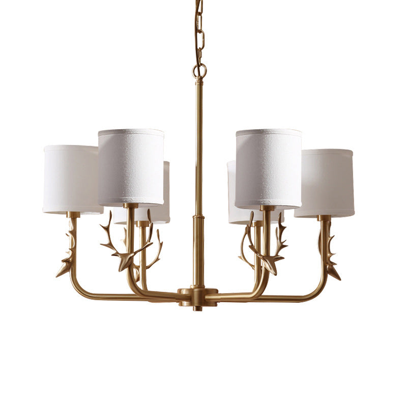 Nordic Cylindrical Chandelier Fabric Living Room Suspension Light with Antler Deco in Gold