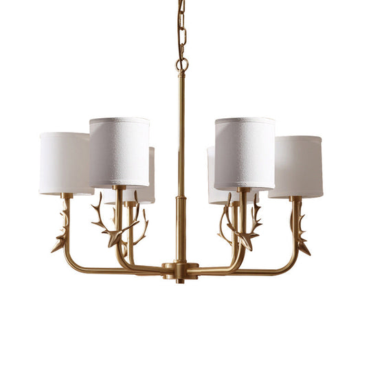 Nordic Cylindrical Chandelier Fabric Living Room Suspension Light with Antler Deco in Gold