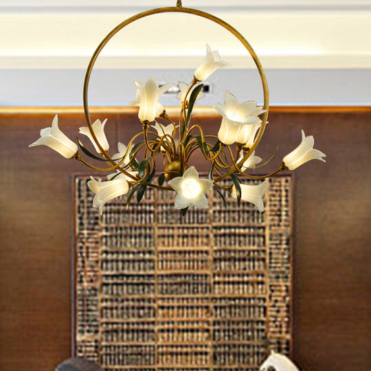 Rustic Hand-Blown Glass Lily Flower Chandelier for Living Room with Metal Ring
